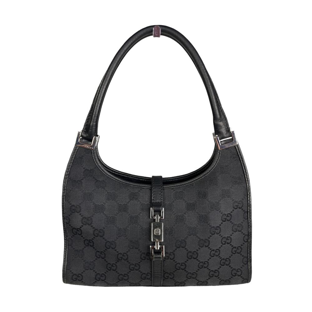 Gucci Jackie Bardot Vintage Black GG Monogram Canvas Leather Bag Vintage